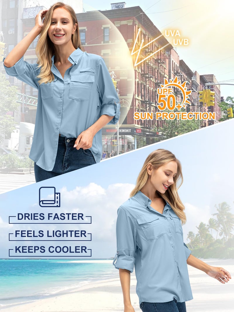 Toomett Womens Safari Shirts Quick Dry UPF 50 Fishing Shirts Lightweight SPF Long Sleeve Sun Protection Shirts,F5026,Blue,M - Image 3